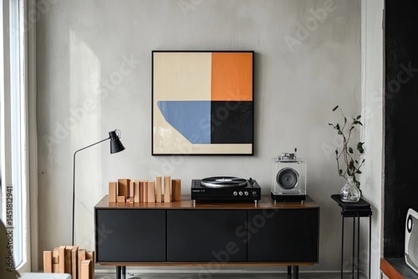 Fototapeta Modern abstract art piece displayed above a black cabinet with wooden blocks and a record player