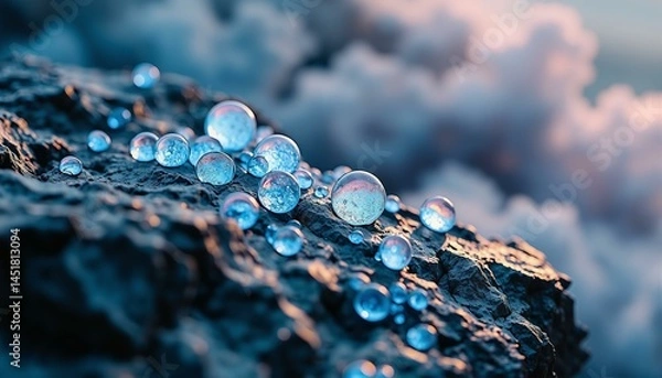 Obraz Iridescent mercury droplets on dark rock, glowing blue and purple, with smoky vapor trails.