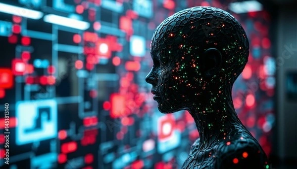 Fototapeta Cybernetic skin texture with pulsing lights on dark background, futuristic lab setting.