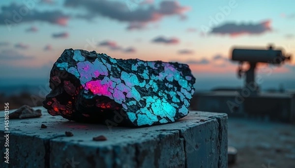 Obraz Fractured obsidian with iridescent colors rests on concrete in a twilight observatory setting.