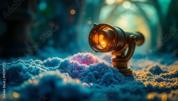 Obraz Iridescent sand swirls in a Victorian observatory, lit by soft gold light and reflected through telescopes.