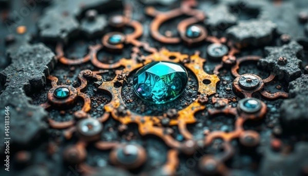 Fototapeta Corroded brass machinery with iridescent rust dissolves into nebula clouds on aged stone.