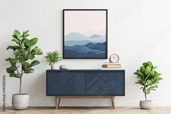 Fototapeta Abstract landscape art print on a white wall, with muted blues and pinks, sits above a dark blue sideboard with potted plants