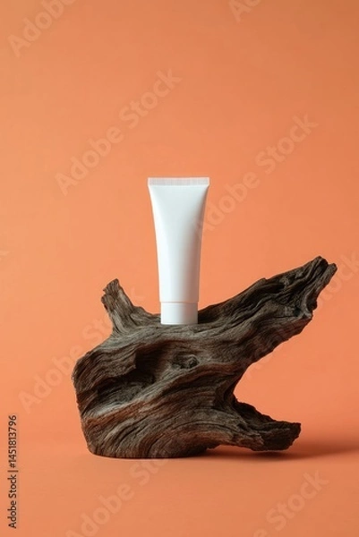 Fototapeta A simple, white tube of product sits atop a piece of driftwood against an orange backdrop. The wood grain is visible, showcasing texture and natural beauty.  The product tube is clean and minimalist