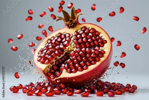 Fototapeta Pomegranate exploding with vibrant seeds captured in mid-air during a dynamic culinary demonstration, Refreshing Fruit Splash Concept with Pomegranate