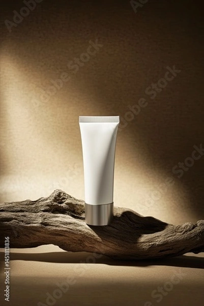 Fototapeta White tube of cream sits on a driftwood branch, bathed in warm light against a muted beige background.  A minimalist, elegant presentation