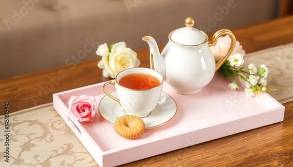 Obraz Elegant tea service with delicate china teapot and cup on a pink tray featuring roses, creating a tranquil atmosphere