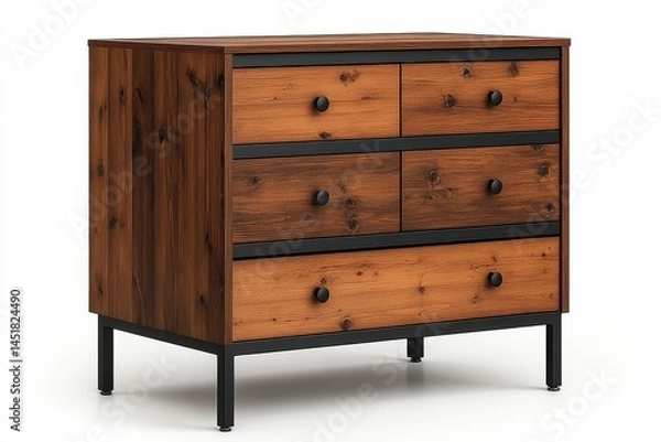 Fototapeta Retro industrial dark brown and black wood-grain metal-frame dresser with five drawers and multiple storage for shoes and cosmetics