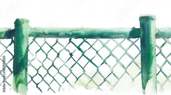 Obraz Green chainlink fence watercolor art, rustic textured barrier with painterly charm and translucent charm on a white area