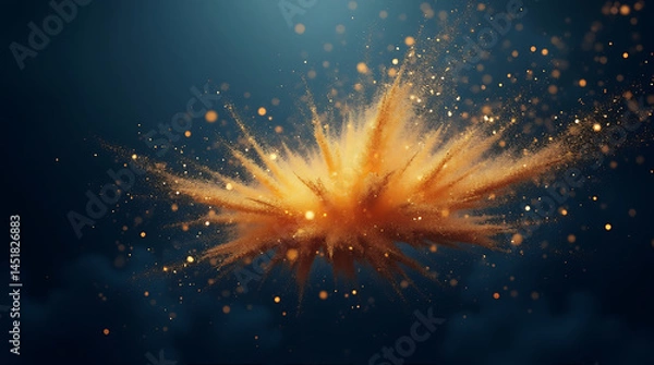 Fototapeta Realistic golden glitter explosion on a dark blue canvas with soft bokeh for a dramatic and elegant abstract design