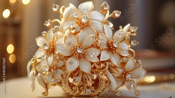 Obraz Close-up of round clusters of white, fluffy flowers against a green backdrop of bushes, with dewdrops.