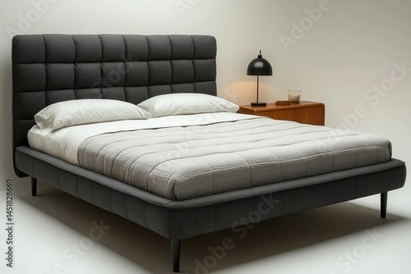 Fototapeta Modern minimalist black metal full bed with dark gray fabric headboard in bedroom, stylish and simple home decor like Zara Home style, white background