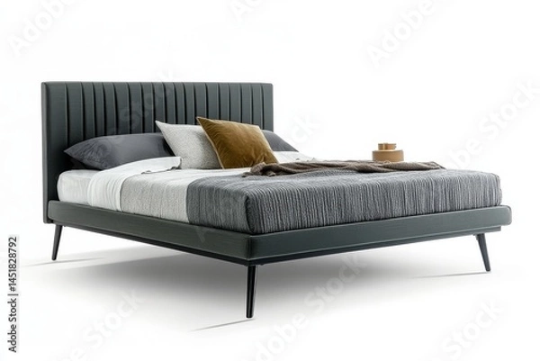 Fototapeta Modern minimalist black metal full bed with dark gray fabric headboard in bedroom, stylish and simple home decor like Zara Home style, white background