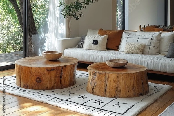 Fototapeta Two large tree stump side tables in living room, one round and one square, with white rug underneath, minimalist style sofa behind