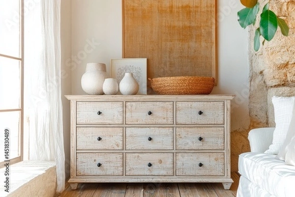 Fototapeta White-washed solid wood dresser with black metal hardware and 6 drawers, rustic storage chest for home decor in an empty room