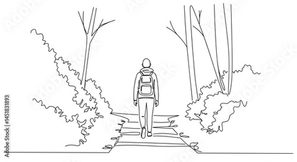 Fototapeta Person walking on a path in a forest  