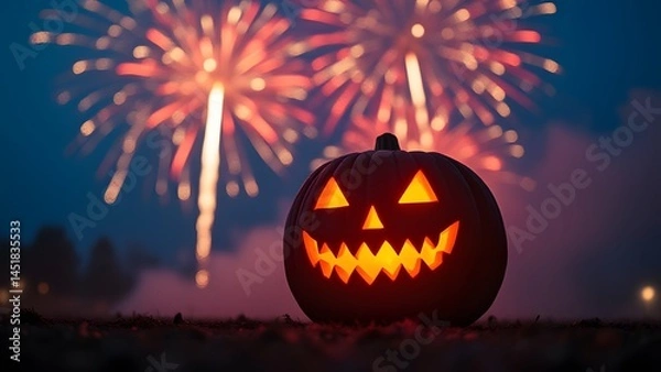 Obraz Halloween Jack-o'-lantern with Fireworks Background