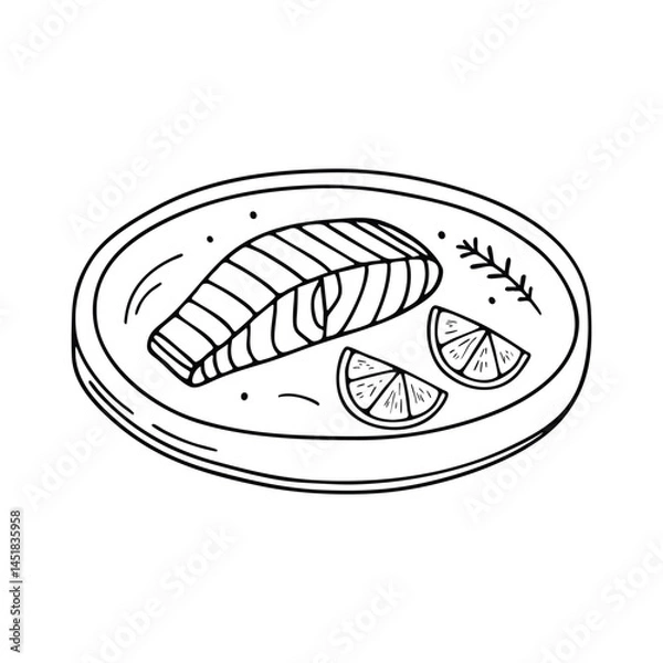 Fototapeta A grilled salmon served beside lemon wedges with a sprinkle of herbs