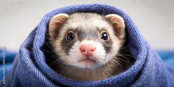 Fototapeta A curious ferret peeks from a cozy blue knitted garment, its expressive eyes and delicate whiskers captivating the viewer.
