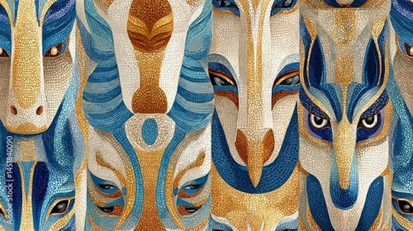 Fototapeta Seamless pattern illustration Artistic representation of majestic animal faces. Seamless pattern modern egyptian style