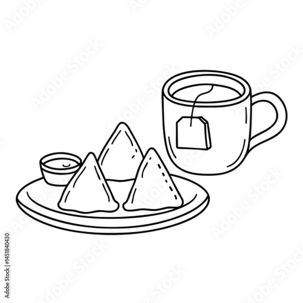Fototapeta A cup of tea bag and plate of samosas served with dipping sauces