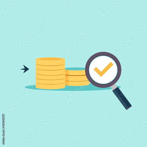 Fototapeta Financial Assessment: A financial icon, showcasing a magnifying glass with a checkmark over a stack of gold coins, indicating verification and positive assessment of financial standing.