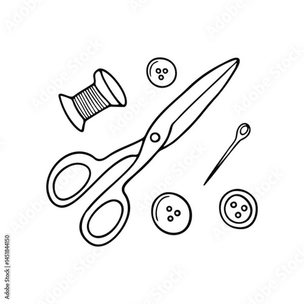 Fototapeta Scissors with thread, button, and needle placed beside
