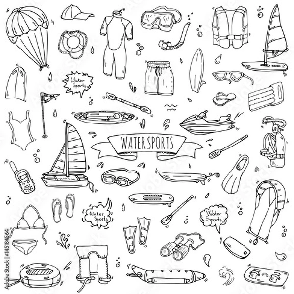 Fototapeta Hand drawn doodle Water sports icons set. Vector illustration, isolated symbols collection, Cartoon various elements: jetski, wakeboard, waterski, surfing, kayak, kitesurfing, paddle, parasailing