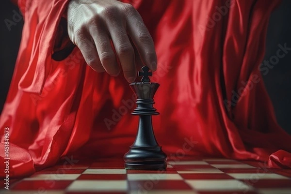 Fototapeta A hand in red robes moves a black king on a chessboard