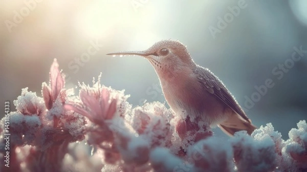 Fototapeta Delicate Hummingbird with Dew on Fresh Flower Background