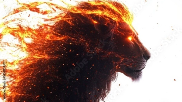 Fototapeta Fierce Lion Mane with Fiery Sunset Background