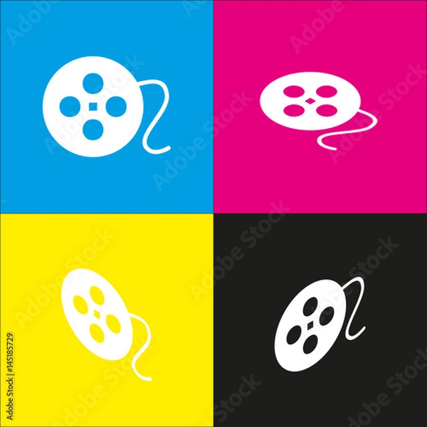 Fototapeta Film circular sign. Vector. White icon with isometric projections on cyan, magenta, yellow and black backgrounds.