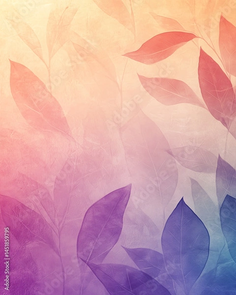 Fototapeta Textured background with delicate leaf silhouettes in a soft gradient from pink to blue-violet, featuring a light grainy effect