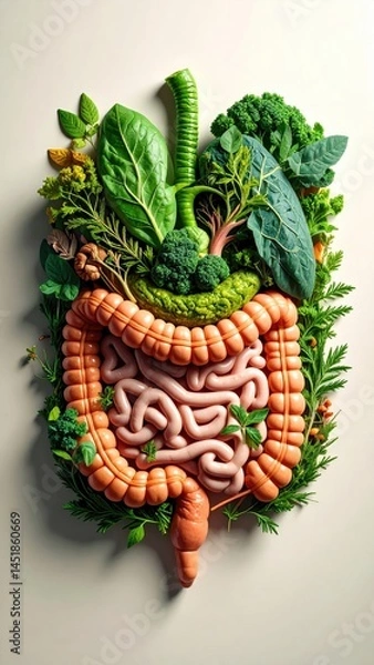 Obraz A creative illustration of the human digestive system made from leafy vegetables and herbs, symbolizing gut health and nutrition.