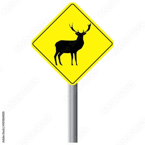Fototapeta Deer silhouette wildlife crossing sign board vector illustration set.Readily editable and usable wild animal yellow sign graphic element.Beautiful and unique horned deer bright yellow caution board.
