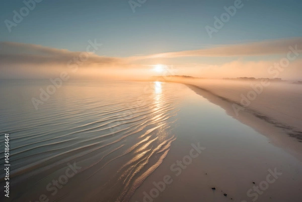 Obraz Misty beach at sunrise reflecting golden light with sand ripples