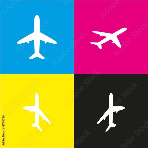 Obraz Airplane sign illustration. Vector. White icon with isometric projections on cyan, magenta, yellow and black backgrounds.