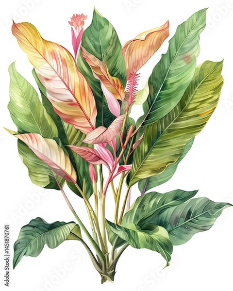 Fototapeta Watercolor illustration of a tropical plant with large green, yellow, and pink leaves on a white background