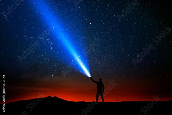 Fototapeta Illustration. A person shining a flashlight into the night sky