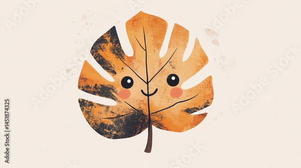 Fototapeta Cute smiling monstera leaf with eyes and blush on a beige background in minimalist style with distressed texture