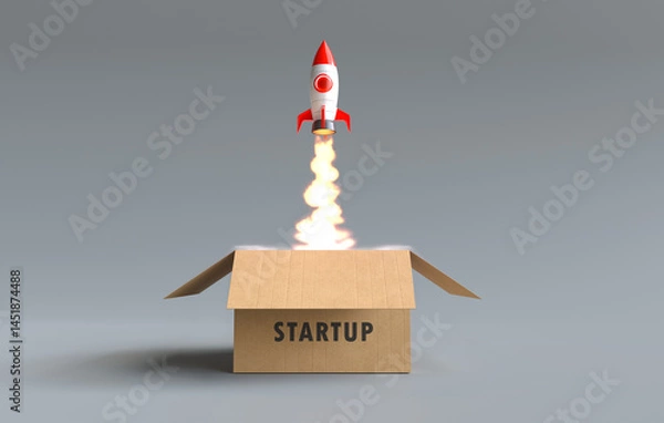 Fototapeta Rocket launching from startup box. 3D illustration