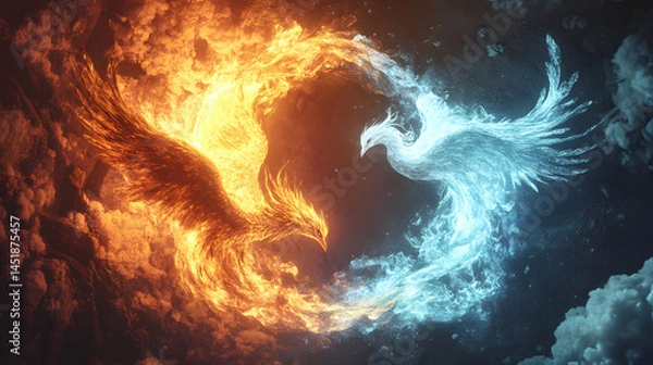 Fototapeta A fiery orange phoenix and an icy blue phoenix are intertwined in a dynamic circular composition against a cloudy backdrop.