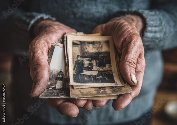 Fototapeta An elderly individual grips a stack of vintage photographs, displaying a mix of personal memories. The aged hands convey stories of past generations, evoking nostalgia and warmth