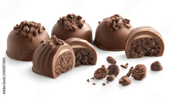Fototapeta Assortment of round chocolate truffles,  studded with chocolate chips,  some sliced open to reveal creamy filling