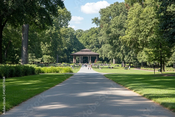Fototapeta People exercising at outdoor gyms in a public park on a sunny day surrounded by lush greenery