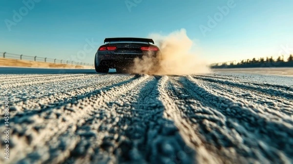 Obraz Car Skid on Snowy Track with Dust Clouds in Winter Scene