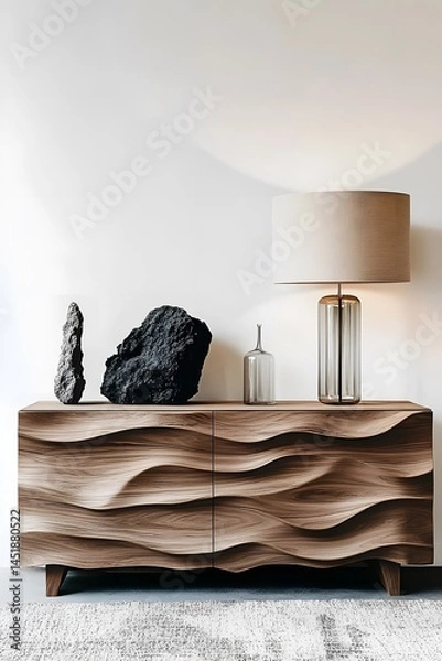 Fototapeta Design wooden carved cut cabinet with decor and lamp near white blank mock up wall with copy space in minimalist interior design of modern living room.

