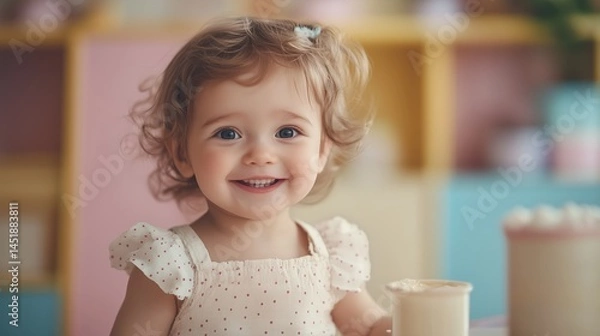 Obraz A commercial photograph of a one-year-old French girl modeling children's milk powder in a happy, lively, and colorful American style