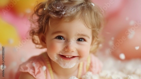 Obraz A commercial photograph of a one-year-old French girl modeling children's milk powder in a happy, lively, and colorful American style