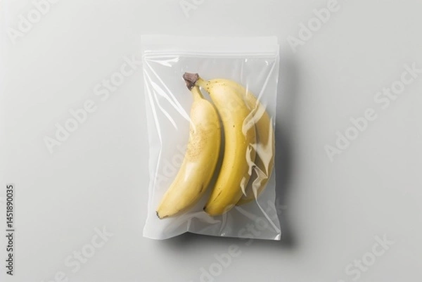 Fototapeta Fresh and Ripe Bananas in a Clear Plastic Bag on Light Background
